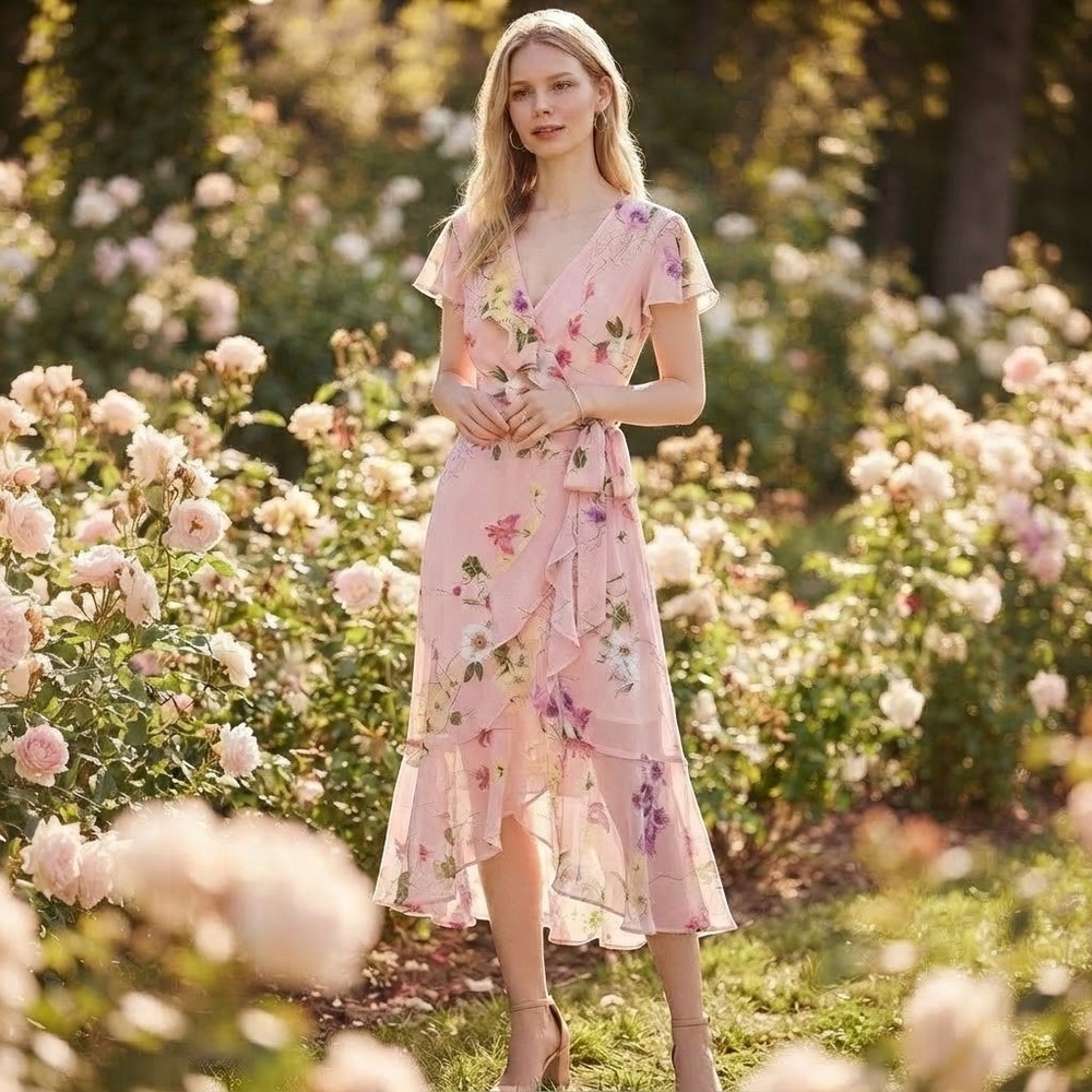 Danny and Nicole Pink Floral Chiffon Ruffle Faux Wrap Midi Dress Size 12 NWT